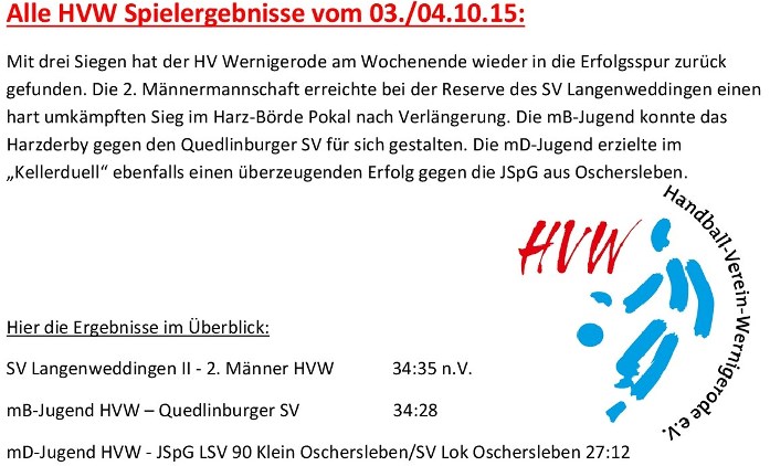 Spielergebnisse vom Wochenende 03./04.10.15